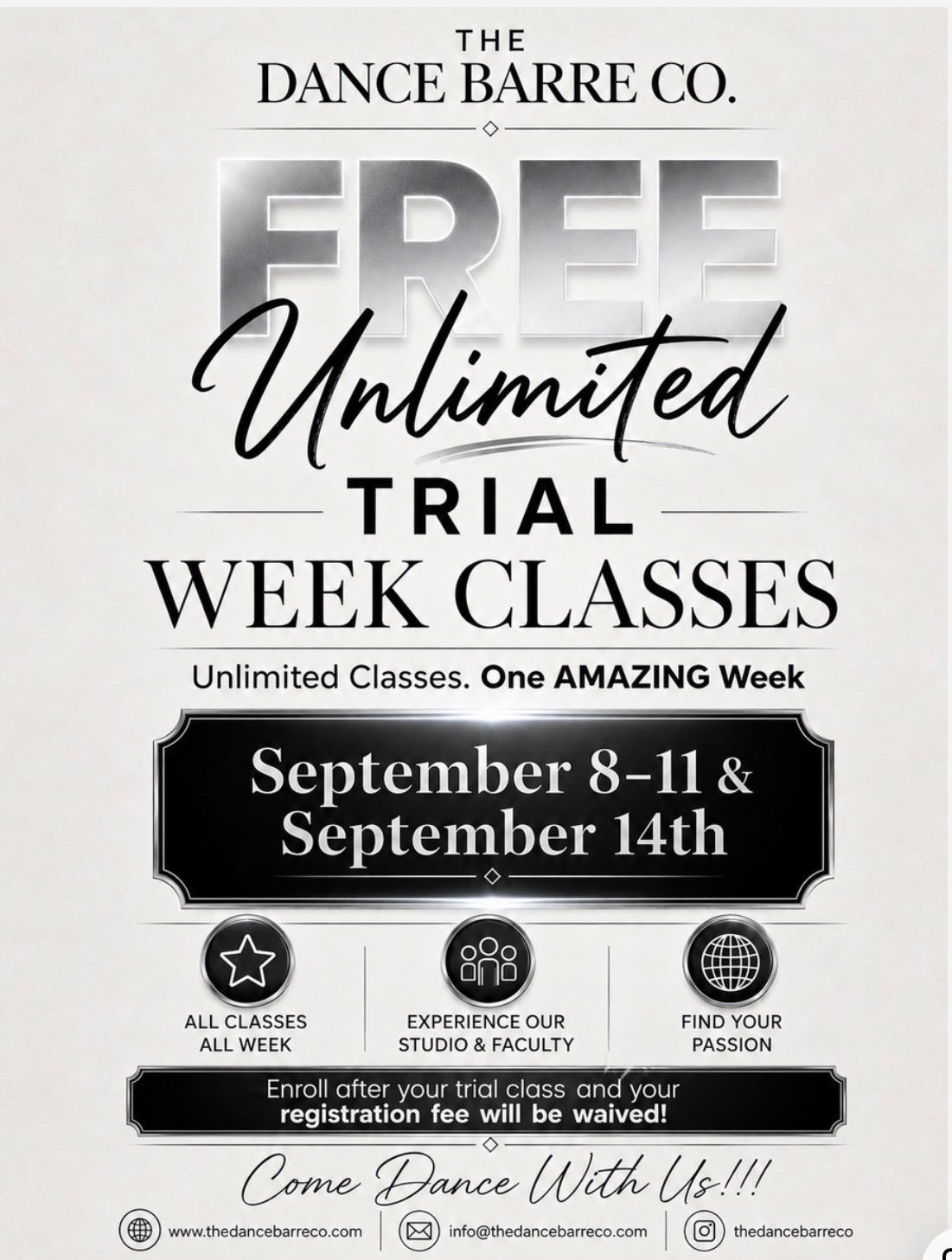 Free Unlimited Trial Week Classes — September 8-11 & September 14th
