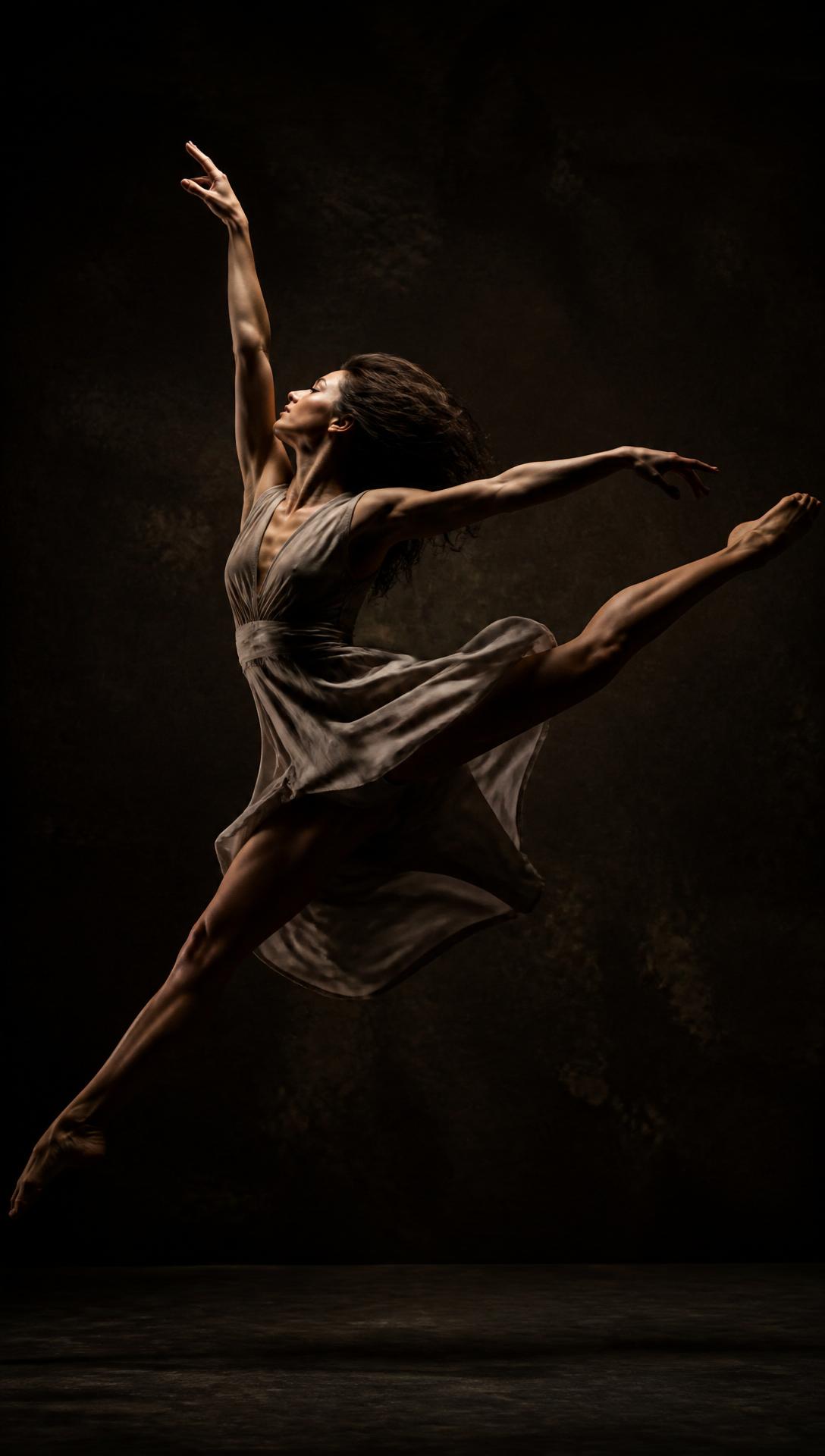 A contemporary dancer in a dramatic leap under moody studio lighting